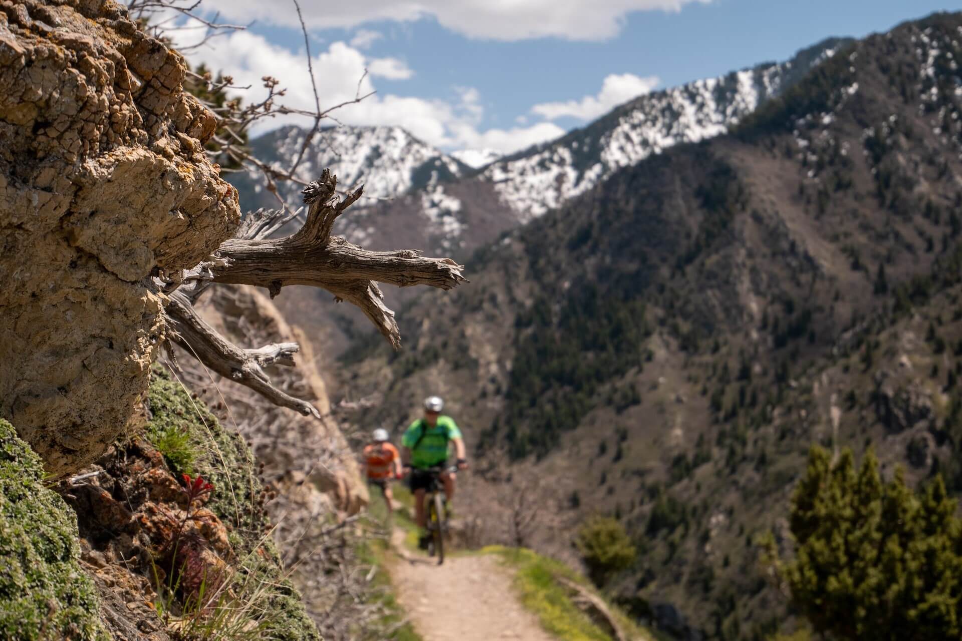 Two mountain bikers riding narrow singletrack with snow-covered Atlas peaks behind